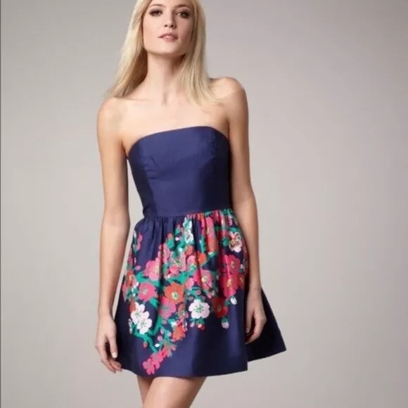 Lilly Pulitzer Lottie Strapless Dress in Brighy Navy Cheery Mine Sz 4 - Picture 1 of 12